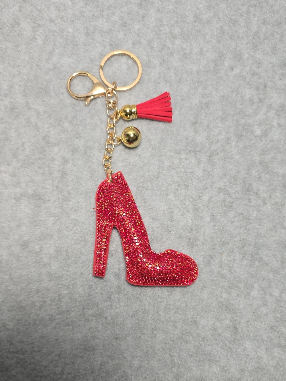 Sparkling Red High Heel Keychain Bag Charm with Gold Accents